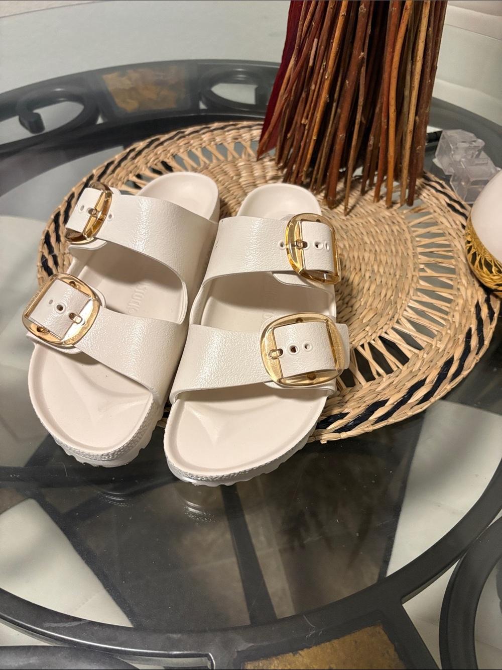 Women’s Cream Double-Buckle Slide Sandals with Gold Buckles